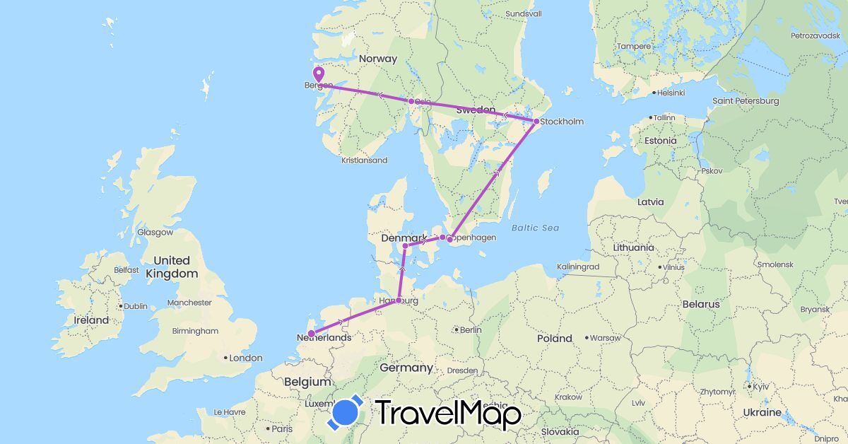 TravelMap itinerary: driving, train in Germany, Denmark, Netherlands, Norway, Sweden (Europe)